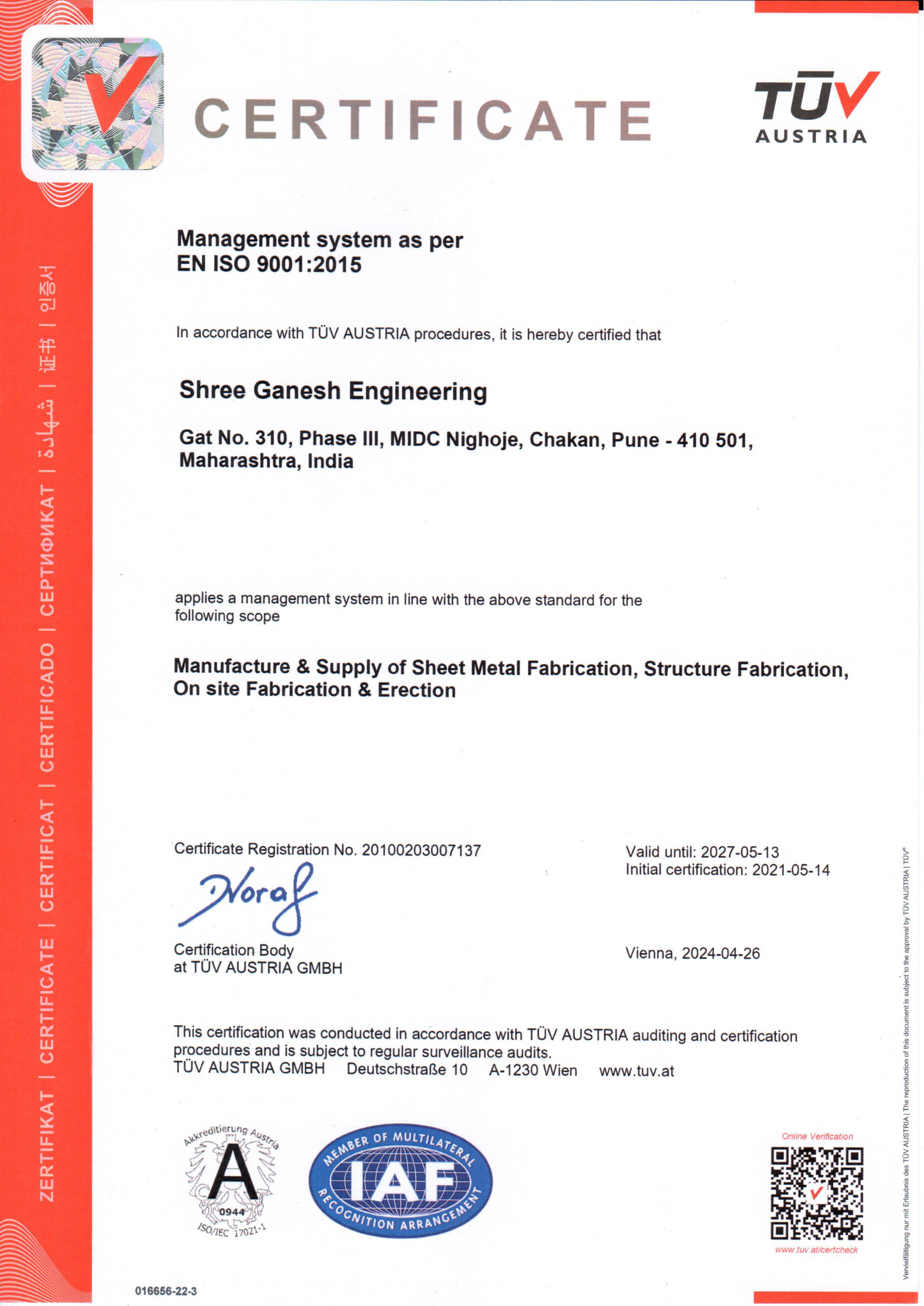 Shree Ganesh Engineering ISO 9001:2015 certificate